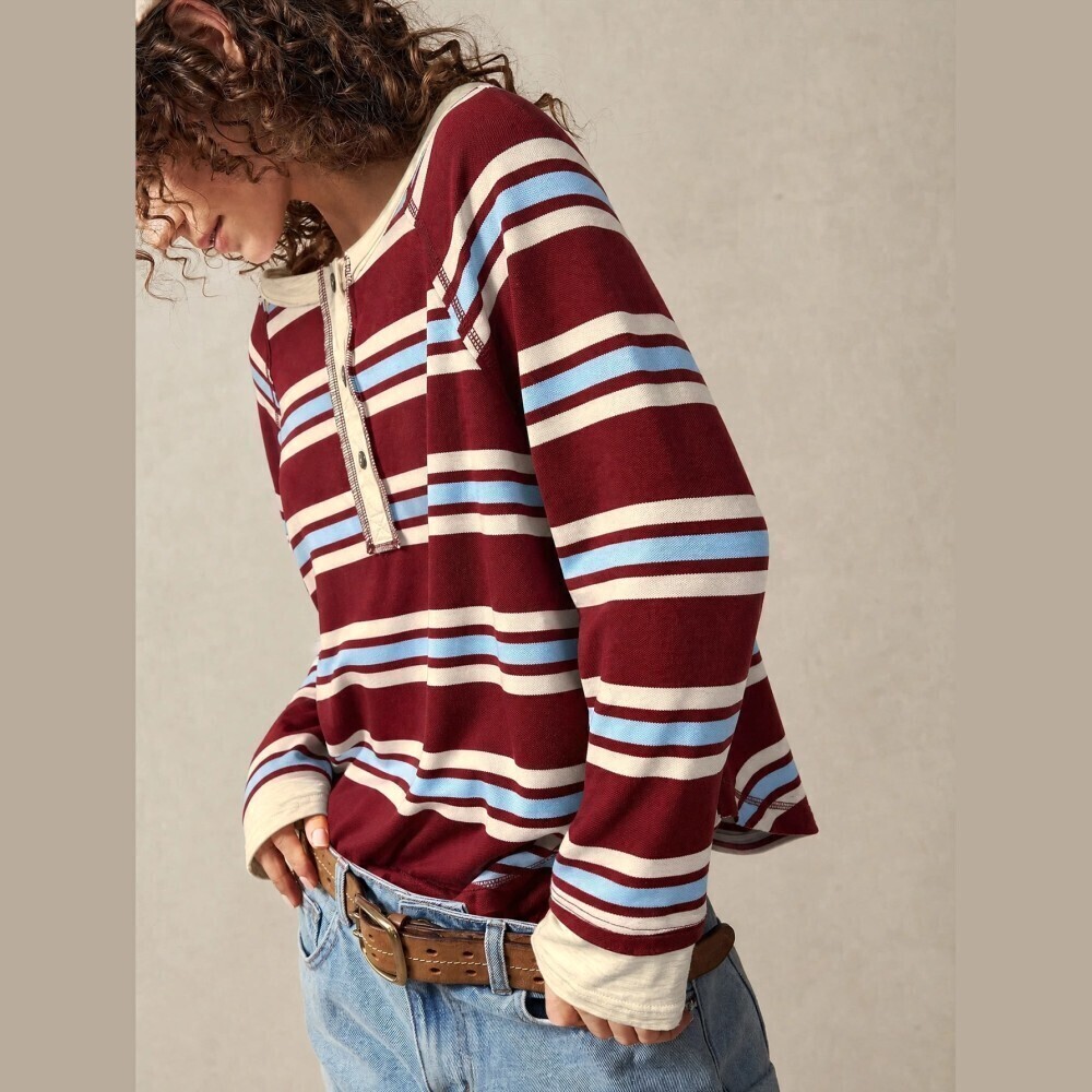 Burgundy / Blue / Cream Striped Contrast Trim Henley Long Sleeve Top